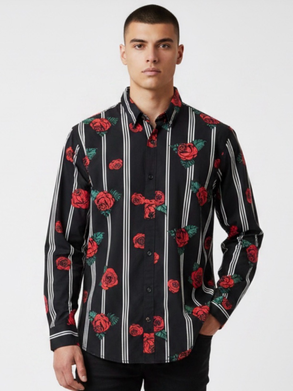 🫶🏻 Drill Clothing Company Black Rose-Print Button-Down Shirt